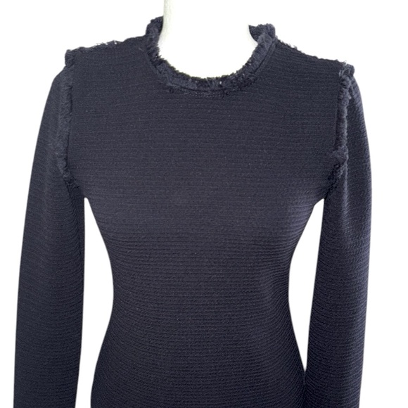 Joseph Ribkoff Black Textured Fringe Trimmed Long Sleeve Knit Sheath Dress - 6 - Picture 2 of 10